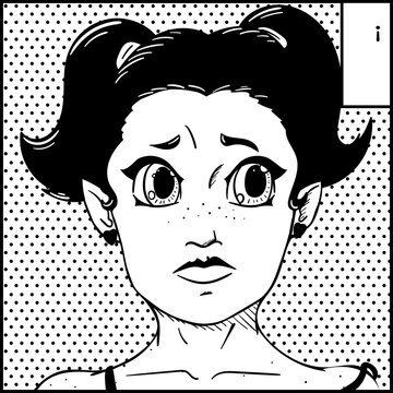 Girl's face with vivid facial expression and big eyes in manga style and japanese symbols. Black and white vector design for t-shirt print. Anime poster.