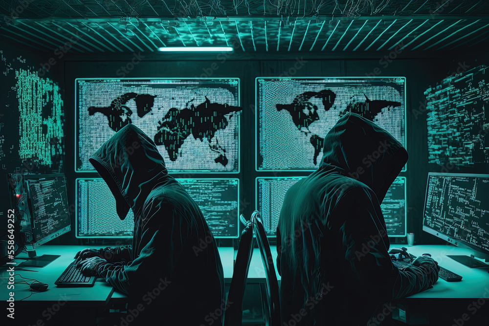 Aufkleber creative matrix room with hackers in incubators on blurry background crime and cyberspace concept. g