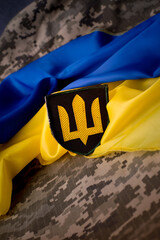 Yellow-blue flag of the state of Ukraine over military pixel camouflage fabric and chevron...