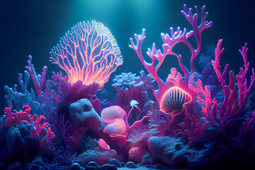 Beautiful underwater world with corals and tropical fish, ai illustration