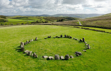 Swinside stone circle aka Sunkenkirk. Near Broughton in Furness, Cumbria. Neolithic. Looking south east. Aerial drone - obrazy, fototapety, plakaty