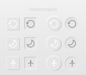 Neumorphic Button, 
restart and sleep and airplan button vector set. Continuous 3D realistic virtual style in white tone, player button set, technology and online streaming buttons, sign and symbol.