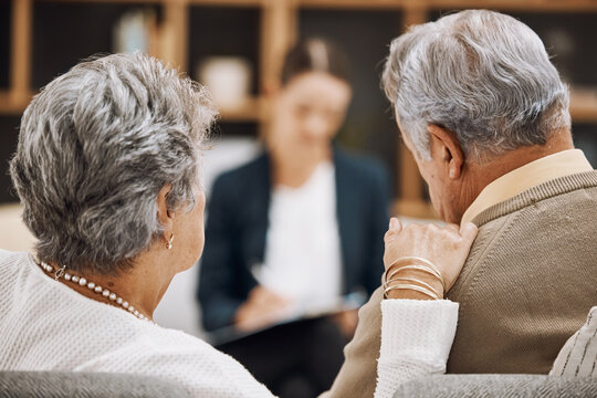 Counseling, senior couple and psychology consultation with therapist for advice, help or support. Back view, old man and elderly woman talking to psychologist, therapy service and marriage consulting