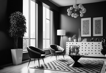 A modern living room with black and white furniture, Generative AI