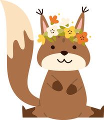 Pretty squirrel with floral wreath flat icon Zoo animal