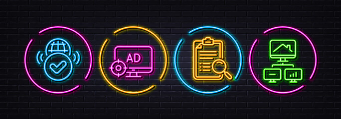 Verified internet, Search analysis and Seo adblock minimal line icons. Neon laser 3d lights. Work home icons. For web, application, printing. Confirmed web, Find survey, Search engine. Vector