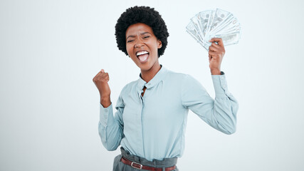 Money win, success and black woman excited about finance freedom, investment and salary on a white...