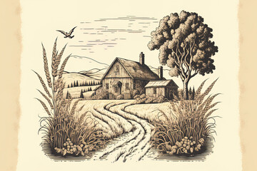 Wheat field in a rural setting with an ancient barn, a home, trees, plants, fences, and other features. Vintage style hand drawn engraving of a genuine countryside. Generative AI