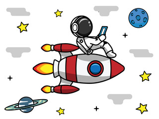 Cheerful astronaut. Flies on a spaceship and flies by planets. Drawing on a white background.