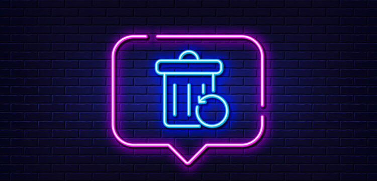Neon light speech bubble. Recovery trash bin line icon. Backup data sign. Restore information symbol. Neon light background. Recovery trash glow line. Brick wall banner. Vector
