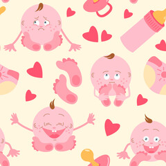 seamless pattern with cartoon baby, pacifiers, bottles
