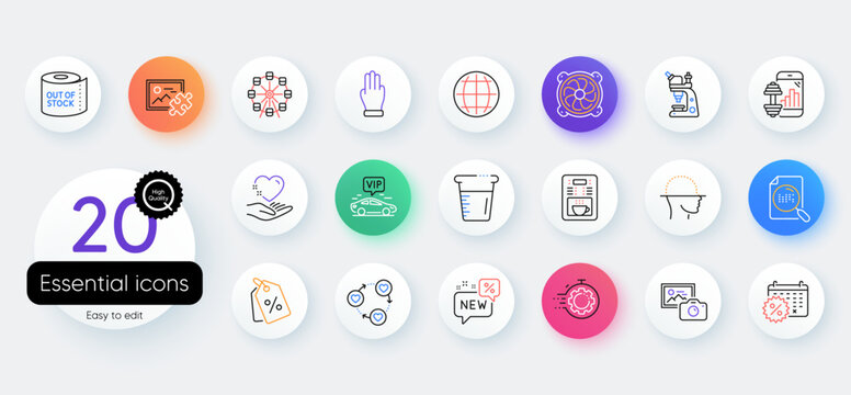 Simple set of Ferris wheel, Vip transfer and Three fingers line icons. Include Coffee maker, Photo camera, Puzzle image icons. Microscope, Seo timer, Toilet paper web elements. Vector