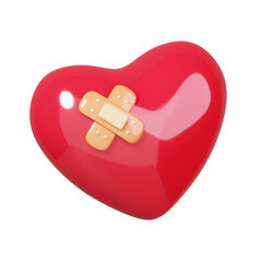 Red heart with adhesive plaster isolated. 14 February Happy Valentine's Day icon. 3D rendering 