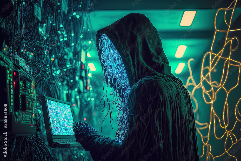 Poster unorganized cyberpunk hacker with cyan christmas lights, hide out art decorations produced by a neur