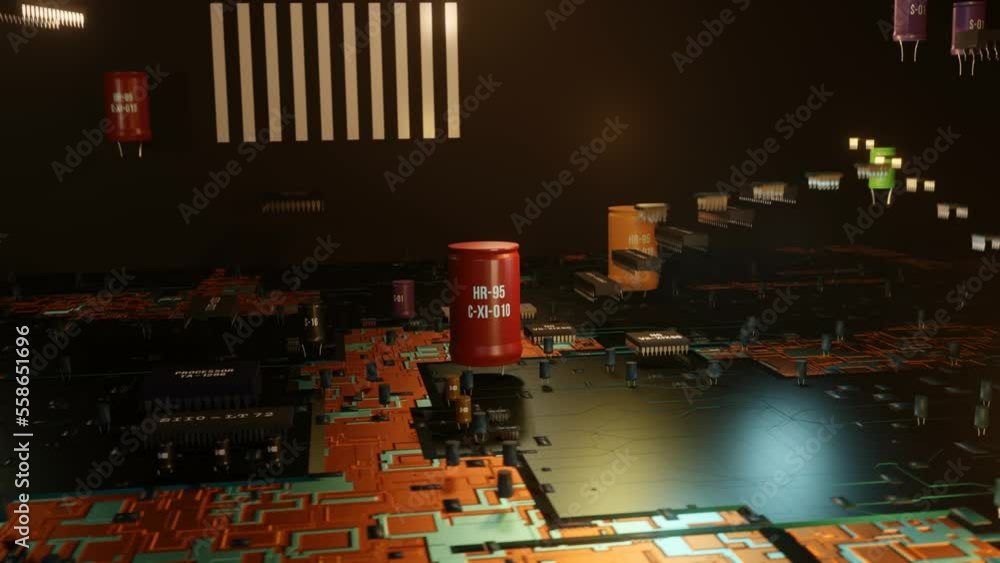 Poster cpu, integrated circuit, transistors and semiconductor on computer motherboard. close-up main proces