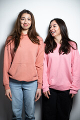Two young attractive brunette girls in pink sweaters embracing each other, having fun, crazy, smiling, looking at the camera, white background