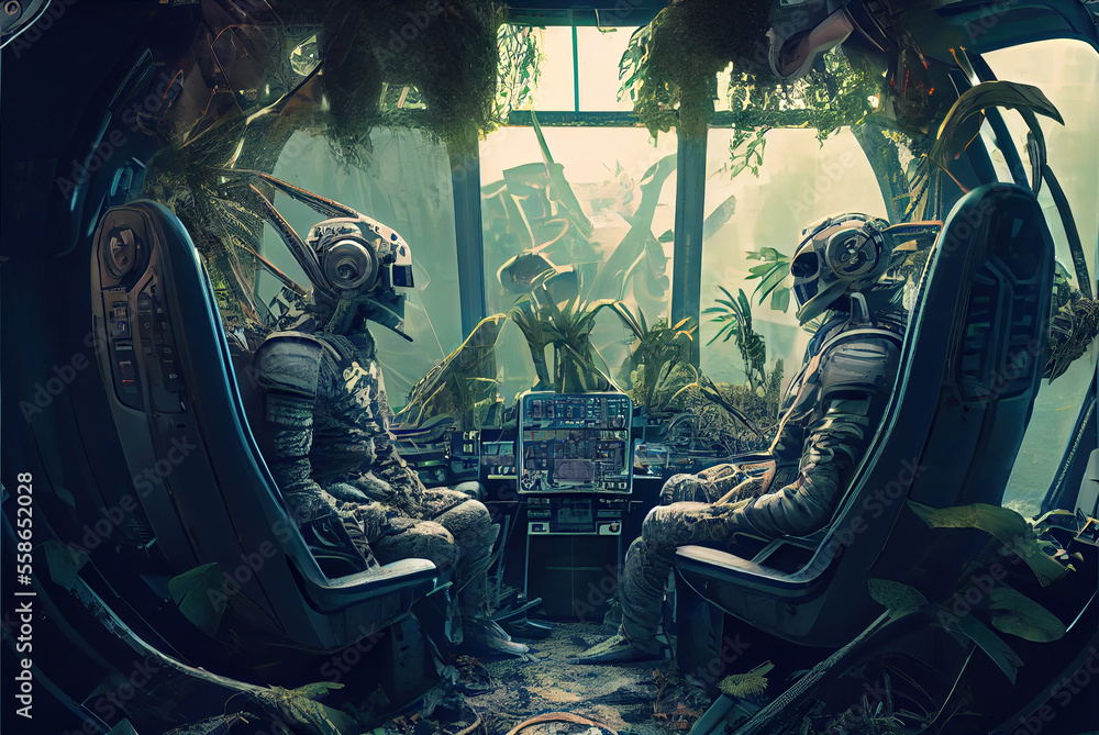 Poster crashed spaceship, dead astronauts or androids in cabin, generative ai