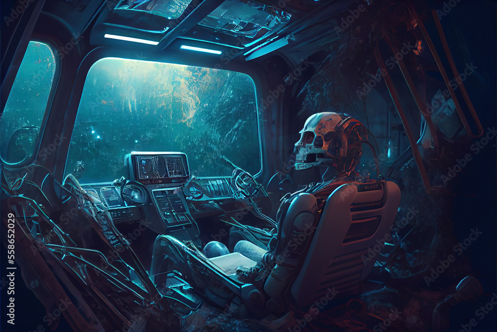 Aufkleber alien skeleton or android inside crashed spaceship, dead astronaut inside spacecraft wreckage. conce
