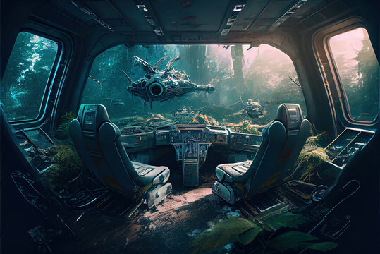 Crashed abandoned spaceship on planet, empty overgrown cabin, theme of space, future and futuristic ship.