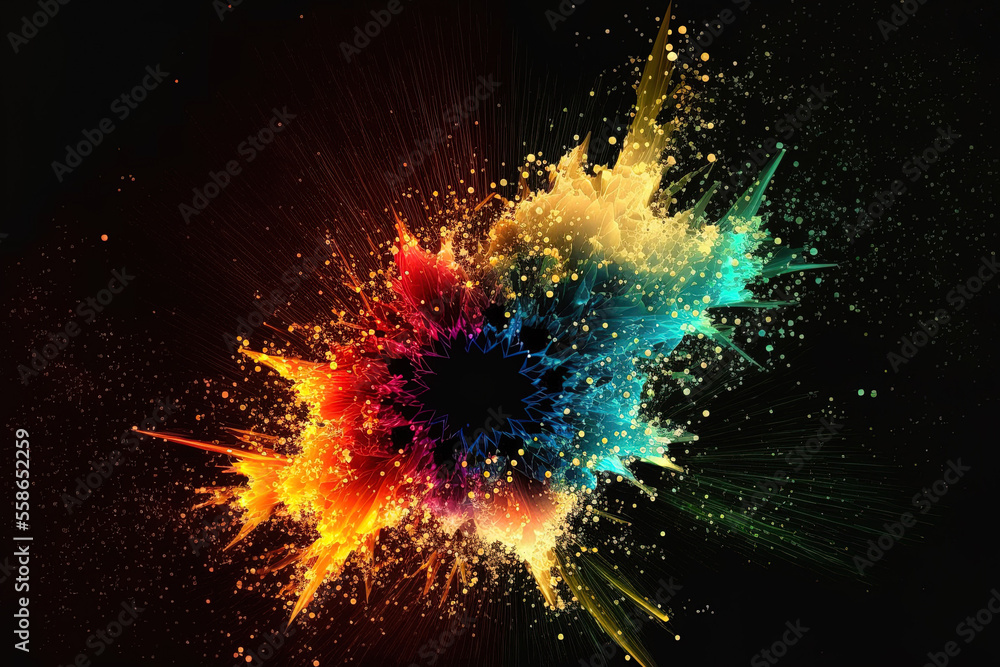 Poster abstract composition of fractals in various colors. star with a magical eruption of particles a moti