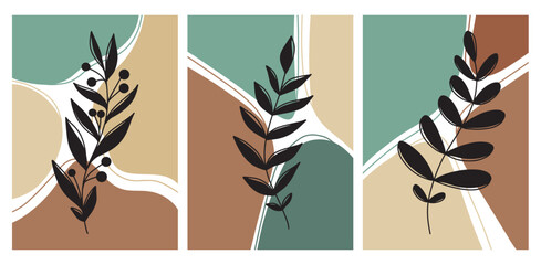 Trendy boho wall poster with pastel colors stains, lines and black silhouette branches with leaves and berries. Green, terracotta, beige, mint colors. Modern art floral design, interior, bedroom.