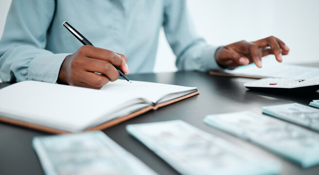 Finance, money and business hands with calculator for budget, savings and financial investment planning. Accounting, cash and notebook of accountant or businessman writing growth strategy for startup