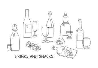 Alcohol beverages and snacks hand drawn vector illustration. All objects are isolated.