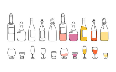 Bottles and glasses set. Hand drawn vector illustration of different alcoholic beverages.Every objects are isolated on white background.