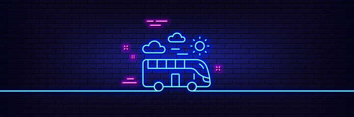 Neon light glow effect. Bus travel line icon. Trip transport sign. Holidays vehicle symbol. 3d line neon glow icon. Brick wall banner. Bus travel outline. Vector
