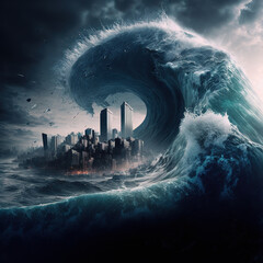 tsunami on New York coast hitting houses. Apocalypse concept. generative ai - obrazy, fototapety, plakaty