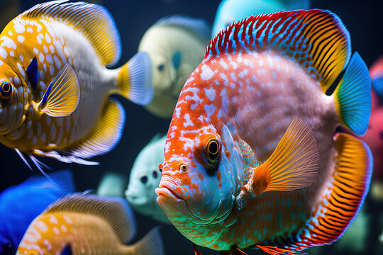 A close up of an adult fish in an aquarium filled with colorful fish from the species Symphysodon discus. Generative AI