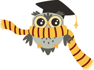 Cute wise owl in scarf and academical cap flat icon