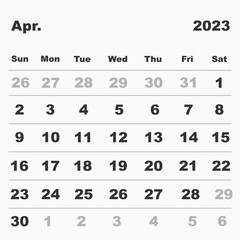 Vector illustration calendar for April 2023. In a minimalist style. Week starts on Sunday