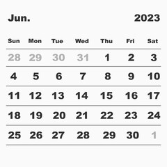 ector illustration calendar for June 2023. In a minimalist style. Week starts on Sunday