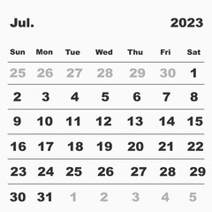 Vector illustration of a calendar for July 2023. In a minimalist style. Week starts on Sunday