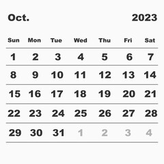 Vector illustration of a calendar for October 2023. In a minimalist style. Week starts on Sunday