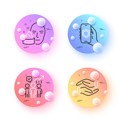 Business statistics, Face cream and Helping hand minimal line icons. 3d spheres or balls buttons. Security app icons. For web, application, printing. Working report, Gel, Charity palm. Vector