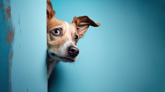 Homeless dog peeks cautiously around the corner of a worn blue wooden background, with copy space, created with Generative AI technology. Close-up.