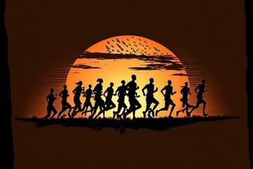Marathon on simple background, black silhouettes of runners, ai generated