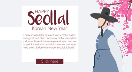 Happy Seollal Korean New Year web page banner design with Man in Hanbok - korean traditional clothes and and a branch with a pink flower. Vector stock illustration on blue background