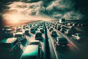 a highway filled with lots of traffic under a cloudy sky with sun shining through the dark clouds above it and cars driving on the road in the middle of the middle of the road,.