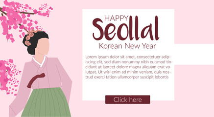 Happy Seollal Korean New Year web page banner design with Woman in Hanbok - korean traditional clothes and and a branch with a pink flower. Vector stock illustration on pink background