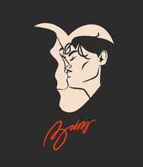 Hand drawn vector abstract graphic illustration Valentines day cards template, lesbian kissing couple portrait set in heart silhouette.Love couple kissing together.Valentines beautiful design concept.