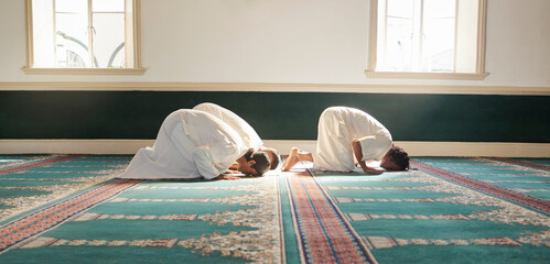 Muslim, prayer and mosque with a spiritual man group praying together during fajr, dhuhr or asr,...