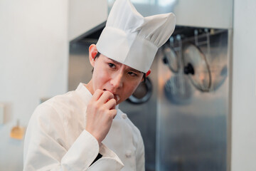 厨房で味見をする男性のシェフ