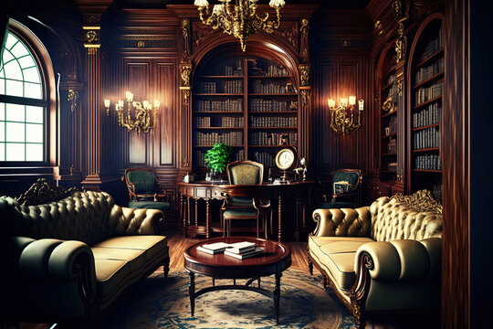 luxurious house library interior. Elegantly furnished sitting area. Generative AI