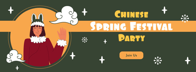 Fototapeta premium Chinese Spring Festival Party banner design with clouds stars on green background woman in traditional Chinese clothes. Rabbit year symbol. Vector stock illustration