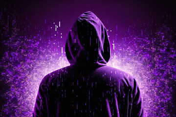 Data hacking concept with a hacker in a hoodie standing on an abstract glowing pixel wall background. Generative AI