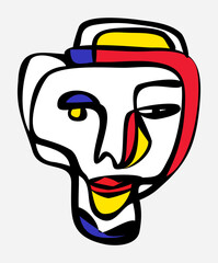 Contemporary hand drawn line art of surreal face portrait.