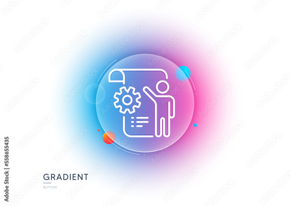 Poster settings blueprint line icon. gradient blur button with glassmorphism. engineering cogwheel tool sig